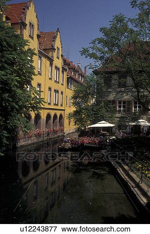 Stock Photo -  canal, France, Colmar, Alsace, Haut-Rhin, Europe, wine region, Scenic view of the canal in the town of Colmar, capital of Haut-Rhin, in the wine region of Alsace.. Fotosearch