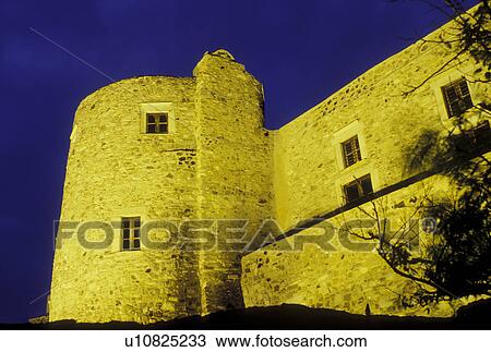 Stock Image -  castle, fortress, Greece, Naxos, Greek Islands, Cyclades, Greece, Europe, Kastro illuminated at night in the village of Hora Naxos on Naxos Island on the Aegean Sea.. Fotosearch