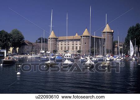 castle, Switzerland, La Cote, Vaud, Lake Geneva, harbor, boats, 13th century Savoyard castle along the lakefront in the town of Morges on Lac Leman. View Large Photo Image Stock Image - castle, Switzerland, La Cote, Vaud, Lake Geneva, harbor, boats, 13th century Savoyard castle along the lakefront in the town of Morges on Lac Leman.. Fotosearch