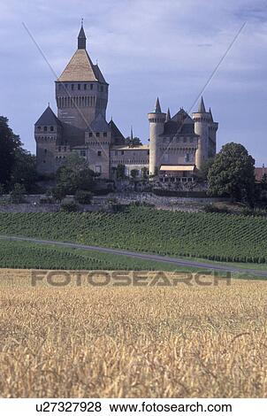 castle, Switzerland, La Cote, Vaud, Vufflens-le-Chateau surrounded by vineyards and wheat fields. View Large Photo Image Stock Photo - castle, Switzerland, La Cote, Vaud, Vufflens-le-Chateau surrounded by vineyards and wheat fields.. Fotosearch