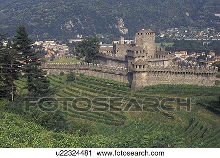 Stock Image -  castle, Switzerland, Ticino, Bellinzona, Castello di Montebello a medieval castle surrounded by vineyards in the village of Bellinzona.. Fotosearch