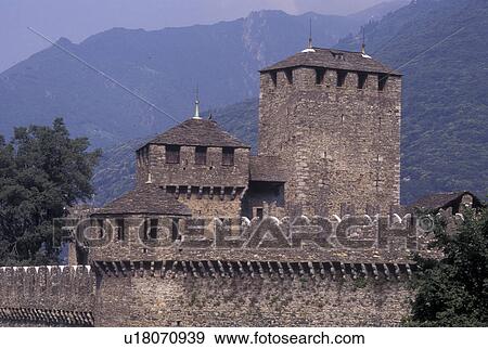 Stock Photo -  castle, Switzerland, Ticino, Bellinzona, Castello di Montebello a medieval castle in the village of Bellinzona.. Fotosearch