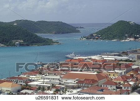 Stock Image -  Charlotte Amalie, St. Thomas, U. S. Virgin Islands, Caribbean, USVI, Scenic view of St. Thomas Harbor and the town of Charlotte Amalie on Saint Thomas Island.. Fotosearch