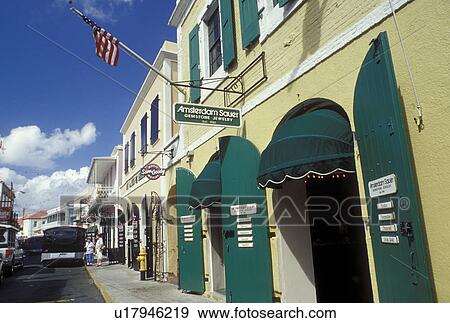 Charlotte Amalie, St. Thomas, U. S. Virgin Islands, Caribbean, USVI, Shops along Main Street in downtown Charlotte Amalie on Saint Thomas Island. View Large Photo Image Stock Photo - Charlotte Amalie, St. Thomas, U. S. Virgin Islands, Caribbean, USVI, Shops along Main Street in downtown Charlotte Amalie on Saint Thomas Island.. Fotosearch