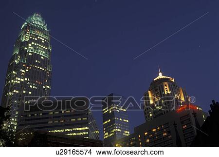 Charlotte, skyline, NC, North Carolina, Skyline of downtown Charlotte in the evening. View Large Photo Image Picture - Charlotte, skyline, NC, North Carolina, Skyline of downtown Charlotte in the evening.. Fotosearch