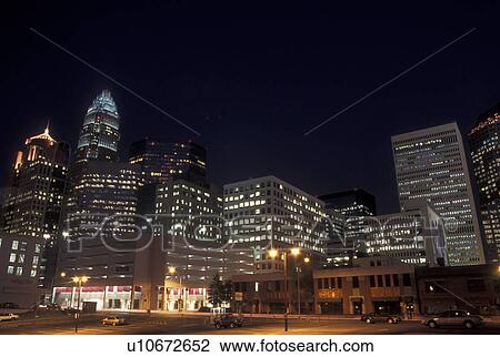 Stock Image -  Charlotte, skyline, NC, North Carolina, Skyline of downtown Charlotte in the evening.. Fotosearch