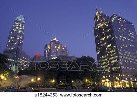 Stock Image -  Charlotte, skyline, NC, North Carolina, Skyline of downtown Charlotte in the evening.. Fotosearch