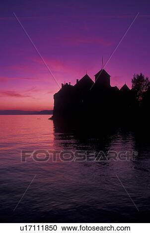 Chateau de Chillon, castle, sunset, Switzerland, Lake Geneva, Montreux, Vaud, Silhouette of Chateau de Chillon an 13th century fortress at sunset along the lakeshore of Lac Leman in the Canton of Vaud. View Large Photo Image Stock Image - Chateau de Chillon, castle, sunset, Switzerland, Lake Geneva, Montreux, Vaud, Silhouette of Chateau de Chillon an 13th century fortress at sunset along the lakeshore of Lac Leman in the Canton of Vaud. . Fotosearch