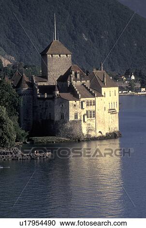 Chateau de Chillon, chateau, Switzerland, Lake Geneva, Montreux, Vaud, Chateau de Chillon an 13th century fortress along the lakeshore of Lac Leman in the Canton of Vaud. View Large Photo Image Stock Image - Chateau de Chillon, chateau, Switzerland, Lake Geneva, Montreux, Vaud, Chateau de Chillon an 13th century fortress along the lakeshore of Lac Leman in the Canton of Vaud. . Fotosearch