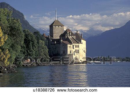 Chateau de Chillon, Switzerland, Alps, castle, Montreux, Lake Geneva, Vaud, Scenic view of Chateau de Chillon an 13th century fortress surrounded by the Alps along the lakeshore of Lac Leman in the Canton of Vaud. View Large Photo Image Stock Photograph - Chateau de Chillon, Switzerland, Alps, castle, Montreux, Lake Geneva, Vaud, Scenic view of Chateau de Chillon an 13th century fortress surrounded by the Alps along the lakeshore of Lac Leman in the Canton of Vaud. . Fotosearch