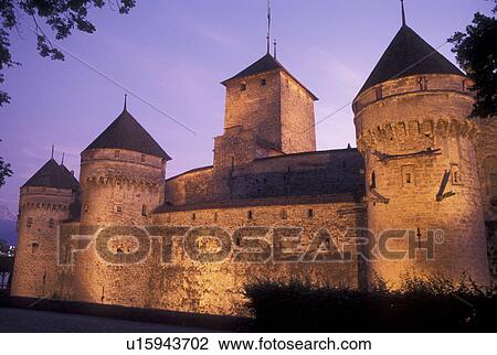 Chateau de Chillon, Switzerland, chateau, Montreux, Lake Geneva, sunset, Vaud, Chateau de Chillon an 13th century fortress illuminated at sunset along the lakeshore of Lac Leman in the Canton of Vaud. View Large Photo Image Stock Image - Chateau de Chillon, Switzerland, chateau, Montreux, Lake Geneva, sunset, Vaud, Chateau de Chillon an 13th century fortress illuminated at sunset along the lakeshore of Lac Leman in the Canton of Vaud. . Fotosearch
