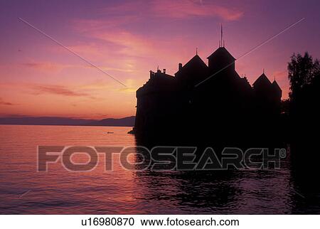 Chateau de Chillon, Switzerland, castle, Montreux, Lake Geneva, Vaud, sunset, Silhouette of Chateau de Chillon an 13th century fortress at sunset along the lakeshore of Lac Leman in the Canton of Vaud. View Large Photo Image Stock Image - Chateau de Chillon, Switzerland, castle, Montreux, Lake Geneva, Vaud, sunset, Silhouette of Chateau de Chillon an 13th century fortress at sunset along the lakeshore of Lac Leman in the Canton of Vaud. . Fotosearch