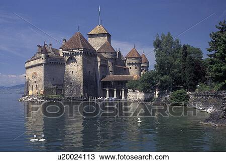 Chateau de Chillon, Switzerland, castle, Lake Geneva, Montreux, Vaud, Chateau de Chillon an 13th century fortress along the lakeshore of Lac Leman in the Canton of Vaud. View Large Photo Image Stock Image - Chateau de Chillon, Switzerland, castle, Lake Geneva, Montreux, Vaud, Chateau de Chillon an 13th century fortress along the lakeshore of Lac Leman in the Canton of Vaud. . Fotosearch