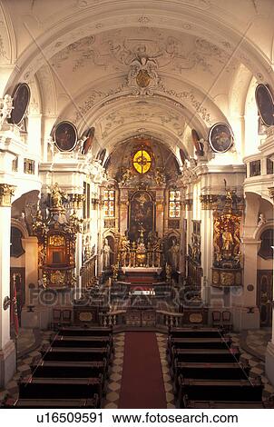 Stock Image -  church, Austria, Durnstein, The Danube Valley, Wachau, Interior of The Parish Church. Fotosearch