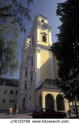Stock Photo -  church, Austria, Mondsee, Salzkammergut, Oberosterreich, 15th century Parish Church in the summer resort town of Mondsee.. Fotosearch