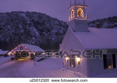 church, covered bridge, NH, New Hampshire, Stark, Christmas lights decorate the Stark Union Church and covered bridge in the evening in winter. View Large Photo Image Stock Image - church, covered bridge, NH, New Hampshire, Stark, Christmas lights decorate the Stark Union Church and covered bridge in the evening in winter.. Fotosearch