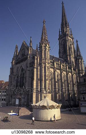 Stock Photo -  church, France, Mulhouse, Alsace, Haut-Rhin, Europe, Cathedrale in the public square in downtown Mulhouse. Fotosearch