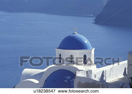 church, Greece, Santorini, Greek Islands, Oia, Cyclades, Europe, Whitewashed church with blue dome in the village of Oia overlooking the Aegean Sea on the island of Santorini. View Large Photo Image Stock Photo - church, Greece, Santorini, Greek Islands, Oia, Cyclades, Europe, Whitewashed church with blue dome in the village of Oia overlooking the Aegean Sea on the island of Santorini.. Fotosearch
