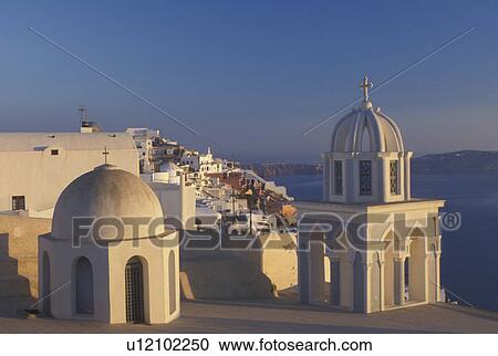 church, Santorini, Greece, Cyclades, Greek Islands, Firostefani, Europe, Church steeples above the village of Firostefani on the steep hillside of Santorini Island on the Aegean Sea. View Large Photo Image Stock Image - church, Santorini, Greece, Cyclades, Greek Islands, Firostefani, Europe, Church steeples above the village of Firostefani on the steep hillside of Santorini Island on the Aegean Sea.. Fotosearch