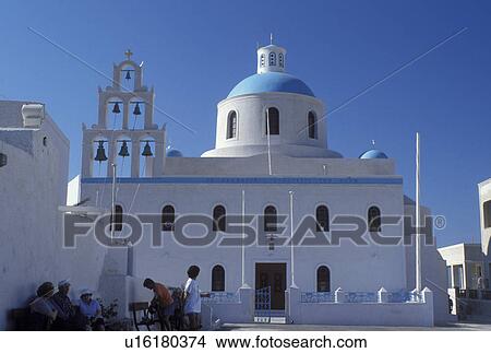 church, Santorini, Greece, Greek Islands, Oia, Cyclades, Europe, Whitewashed church with blue dome in the village of Oia on the island of Santorini. View Large Photo Image Picture -  church, Santorini, Greece, Greek Islands, Oia, Cyclades, Europe, Whitewashed church with blue dome in the village of Oia on the island of Santorini.. Fotosearch