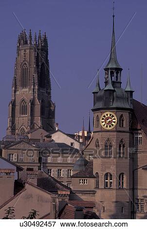 church, Switzerland, Fribourg, Cathedrale St. Nicolas, View of Town Hall and Cathedrale Saint Nicholas in the city of Fribourg. View Large Photo Image Stock Photo - church, Switzerland, Fribourg, Cathedrale St. Nicolas, View of Town Hall and Cathedrale Saint Nicholas in the city of Fribourg.. Fotosearch