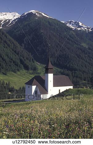 Stock Image -  church, Switzerland, Valais, Alps, Church in Goms Valley in the Canton of Valais in the Swiss Alps.. Fotosearch
