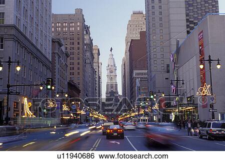 Stock Photograph -  City Hall, Philadelphia, PA, Pennsylvania, City Hall on Broad Street in downtown Philadelphia in the evening.. Fotosearch