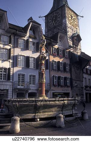 clock tower, Solothurn, Switzerland, The 12th century Zeitglockenturm (clock tower) and fountain in the city of Solothurn. View Large Photo Image Stock Photograph -  clock tower, Solothurn, Switzerland, The 12th century Zeitglockenturm (clock tower) and fountain in the city of Solothurn.. Fotosearch