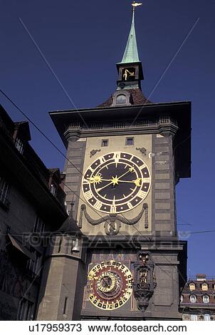 Stock Image -  clock tower, Switzerland, Berne, Bern, Zeitglockenturm 12th century clock tower in the city of Bern.. Fotosearch