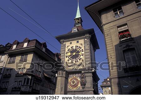 Stock Photo -  clock tower, Switzerland, Berne, Bern, Zeitglockenturm 12th century clock tower in the city of Bern.. Fotosearch
