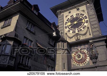 Stock Photography -  clock tower, Switzerland, Berne, Bern, Zeitglockenturm 12th century clock tower in the city of Bern.. Fotosearch