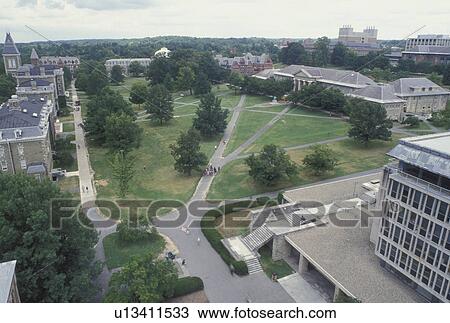 Stock Image -  Cornell, university, Ithaca, NY, New York, Finger Lakes, Aerial view of the campus of Cornell University from the University Clock Tower.. Fotosearch