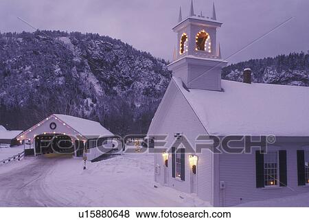covered bridge, church, NH, New Hampshire, Stark, Christmas lights decorate the Stark Union Church and covered bridge in the evening in winter. View Large Photo Image Stock Photo - covered bridge, church, NH, New Hampshire, Stark, Christmas lights decorate the Stark Union Church and covered bridge in the evening in winter.. Fotosearch