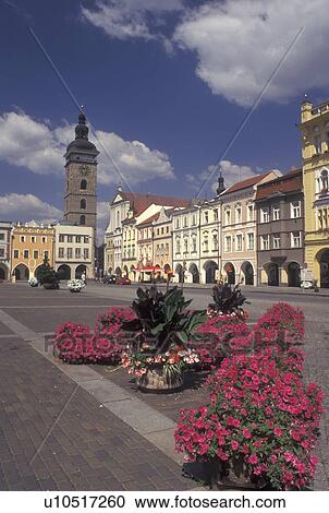 Czech Republic, Budweis, Ceske Budejovice, Southern Bohemia, Cerna vez (The Black Tower) in The Great Square in Budweis. View Large Photo Image Stock Image - Czech Republic, Budweis, Ceske Budejovice, Southern Bohemia, Cerna vez (The Black Tower) in The Great Square in Budweis.. Fotosearch