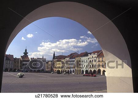 Czech Republic, Budweis, Ceske Budejovice, Southern Bohemia, View of The Great Square from the arcades in Budweis. View Large Photo Image Stock Photo - Czech Republic, Budweis, Ceske Budejovice, Southern Bohemia, View of The Great Square from the arcades in Budweis.. Fotosearch
