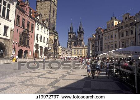 Czech Republic, Prague, Praha, Central Bohemia, Outdoor cafT and Tyn Church in Old Town Square in the city of Prague. View Large Photo Image Stock Photo - Czech Republic, Prague, Praha, Central Bohemia, Outdoor cafT and Tyn Church in Old Town Square in the city of Prague.. Fotosearch