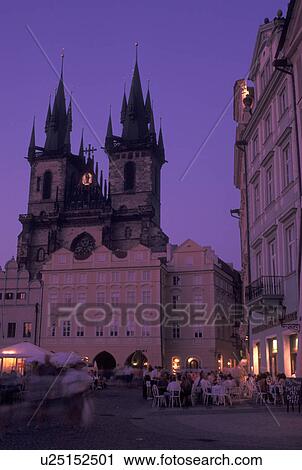 Stock Image -  Czech Republic, Prague, Tyn Church, Praha, Central Bohemia, Tyn Church in Old Town Square in the city of Prague in the evening.. Fotosearch