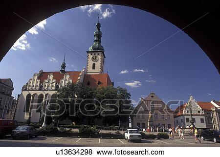 Czech Republic, Tabor, Southern Bohemia, View of the church in the town of Tabor from the arcades. View Large Photo Image Stock Photo - Czech Republic, Tabor, Southern Bohemia, View of the church in the town of Tabor from the arcades.. Fotosearch