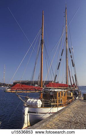 Stock Image -  Denmark, Fyn, Nyborg, Scandinavia, Europe, Sailboat docked in the harbor of Nyborg along the Store Baelt Waterway on the Baltic Sea.. Fotosearch