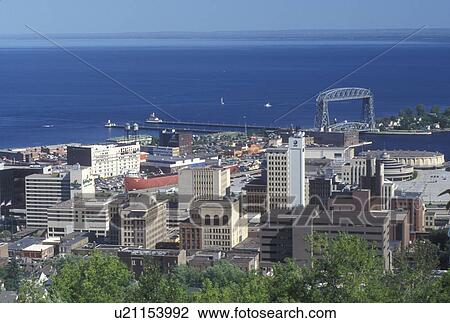 Duluth, MN, Lake Superior, Minnesota, Aerial of downtown Duluth and Duluth Harbor along Lake Superior. View Large Photo Image Stock Image - Duluth, MN, Lake Superior, Minnesota, Aerial of downtown Duluth and Duluth Harbor along Lake Superior.. Fotosearch