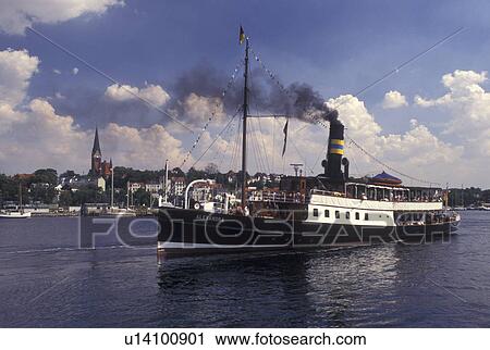 Stock Image -  excursion boat, Germany, Flensburg, Schleswig-Holstein, Baltic Sea, Europe, Steam excursion boat cruises in the harbor of Flensburg Gate to the North.. Fotosearch