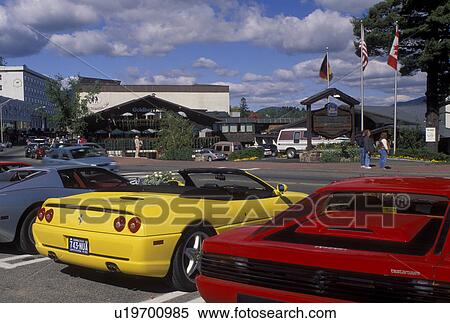 Stock Photography -  Ferari, Lake Placid, The Adirondacks, NY, New York, Ferari, displayed in parking lot in the resort town of Lake Placid in the autumn.. Fotosearch