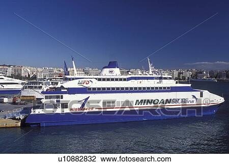 ferry, Piraeus, Athens, Greece, Europe, Highspeed catamaran ferry docked at the Kentriko Limani (main ferry port) on the Great Harbour in Piraeus, one of the biggest Mediterranean Ports. View Large Photo Image Stock Image - ferry, Piraeus, Athens, Greece, Europe, Highspeed catamaran ferry docked at the Kentriko Limani (main ferry port) on the Great Harbour in Piraeus, one of the biggest Mediterranean Ports.. Fotosearch