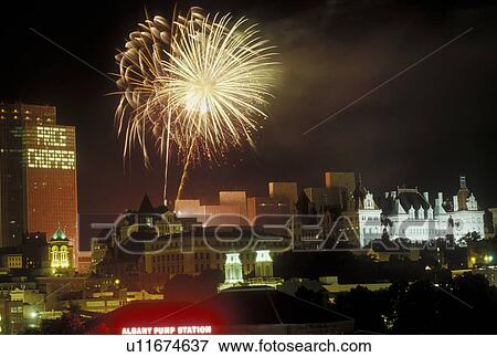 Stock Photo -  fireworks, Albany, NY, New York, Fireworks on Independence Day over the capital city of Albany.. Fotosearch