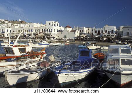 fishing boat, Greece, Mykonos, Greek Islands, Cyclades, Europe, Fishing boats buoyed in Mykonos Harbor on the Aegean Sea. View Large Photo Image Picture - fishing boat, Greece, Mykonos, Greek Islands, Cyclades, Europe, Fishing boats buoyed in Mykonos Harbor on the Aegean Sea.. Fotosearch