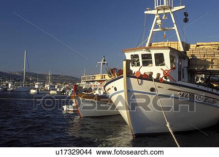 Picture -  fishing boat, Paros, Greek Islands, Parikia, Cyclades, Greece, Europe, Fishing boats docked in the harbor of Parikia on Paros Island on the Aegean Sea.. Fotosearch