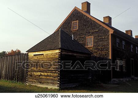 Stock Image -  fort, Augusta, ME, Maine, Old Fort Western Museum on the Kennebec in Augusta in the autumn.. Fotosearch