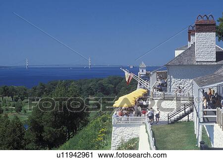 Stock Image -  Fort Mackinac, Mackinac Island, MI, Lake Huron, Fort Mackinac State Park, Michigan, Scenic view of Mackinac Island from Fort Mackinac on Lake Huron.. Fotosearch