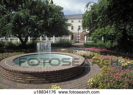 Stock Photograph -  fountain, Portsmouth, NH, New Hampshire, Fountain at Public Gardens in Portsmouth. . Fotosearch