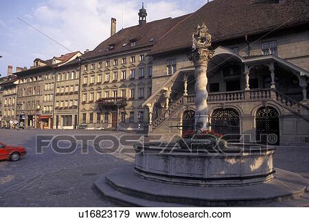 Stock Photo -  fountain, Switzerland, Fribourg, Place de l' Hotel de Ville in the city of Fribourg.. Fotosearch
